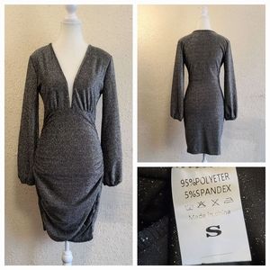 Women's long sleeve V Neck Rouched Bodycon Grey Party Dress
